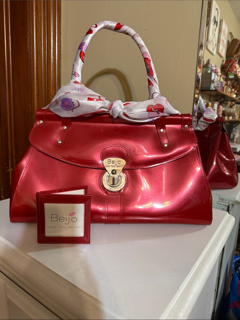 Beijo Shiny NY AppleRed Patent Leather Top-Handle Satchel Scarf Included.